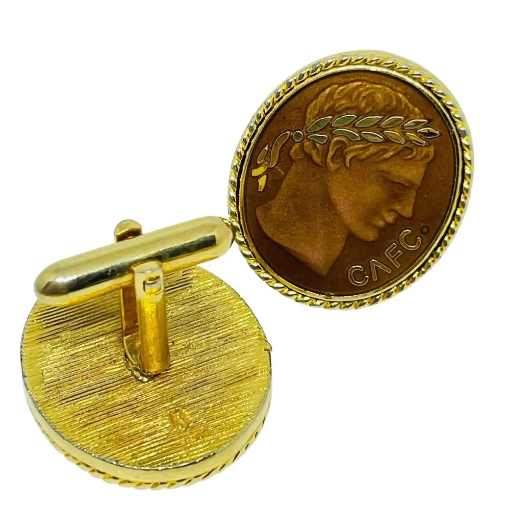 Vintage gold tone copper enamel Greek style massive designer cufflinks